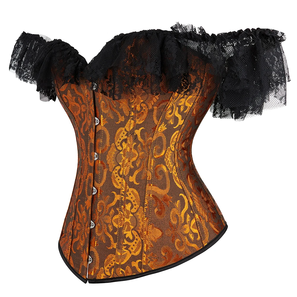 Lace Sleeves Off Shoulder Floral Overbust Corset Princess Elegant Corsets Victorian Women Sexy Bustier Showgirl Party Costume