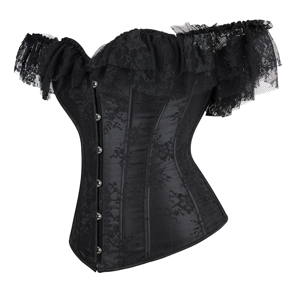 Lace Sleeves Off Shoulder Floral Overbust Corset Princess Elegant Corsets Victorian Women Sexy Bustier Showgirl Party Costume