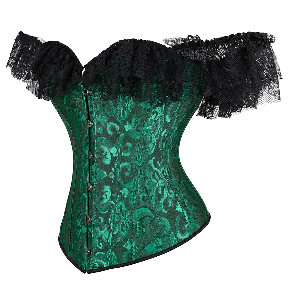 Lace Sleeves Off Shoulder Floral Overbust Corset Princess Elegant Corsets Victorian Women Sexy Bustier Showgirl Party Costume