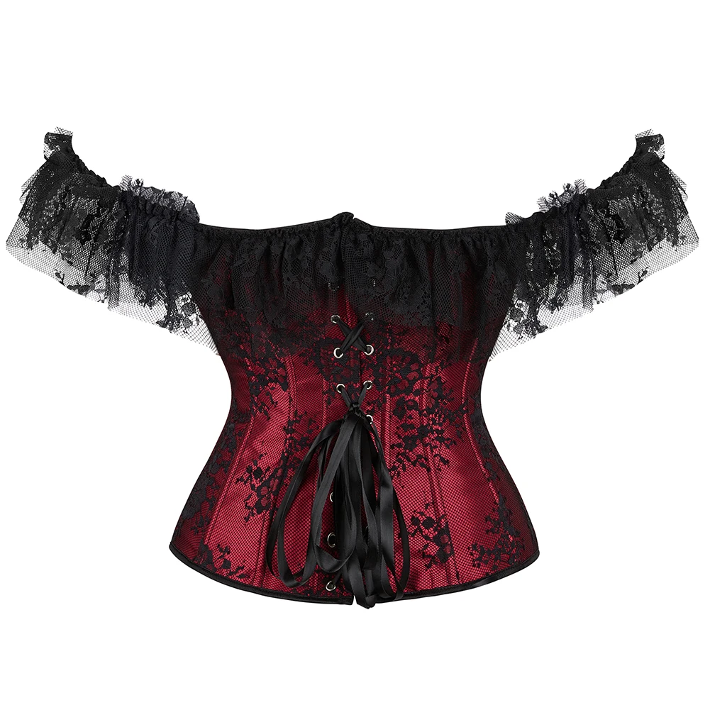 Lace Sleeves Off Shoulder Floral Overbust Corset Princess Elegant Corsets Victorian Women Sexy Bustier Showgirl Party Costume
