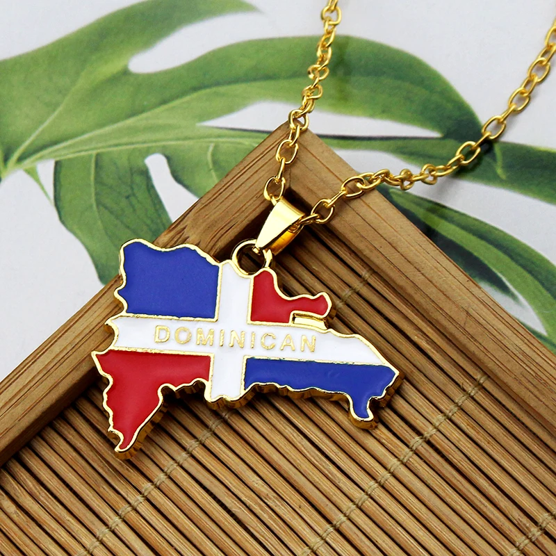 Gold Enamel Dominican Republic Map Silver Plated Pendant Necklace For Women Men Flag Of Dominica Jewelry