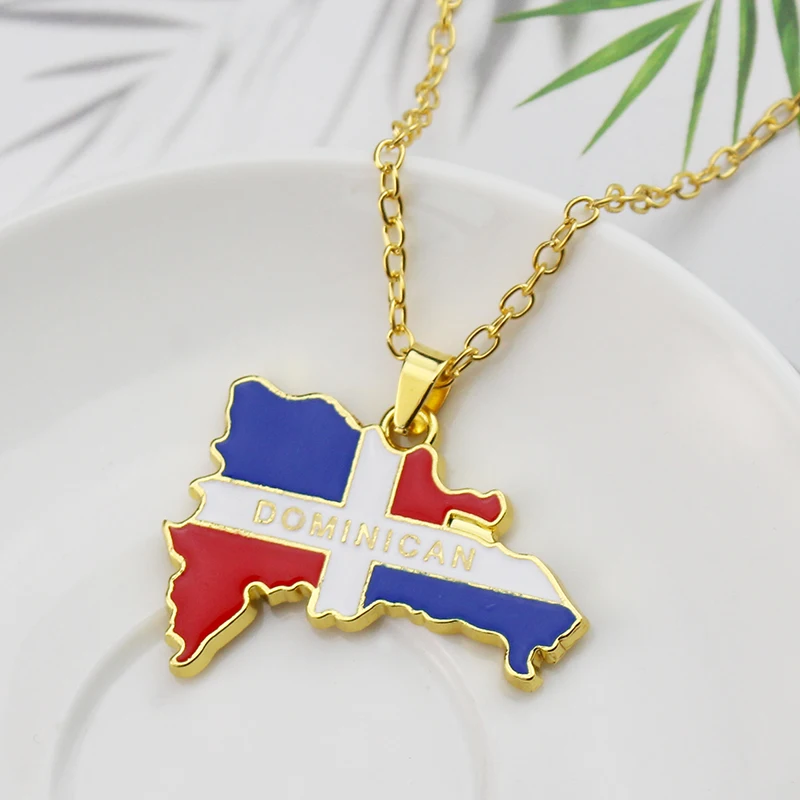 Gold Enamel Dominican Republic Map Silver Plated Pendant Necklace For Women Men Flag Of Dominica Jewelry