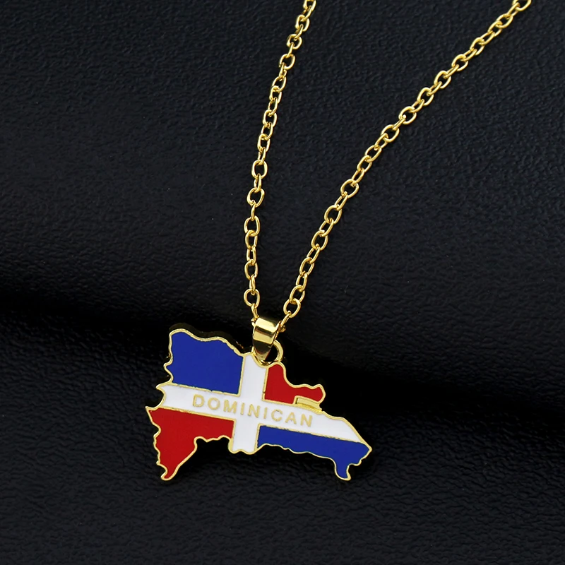 Gold Enamel Dominican Republic Map Silver Plated Pendant Necklace For Women Men Flag Of Dominica Jewelry