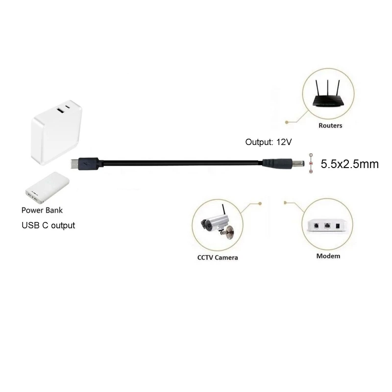 USB C Type-C PD to 12V 5.5x2.5mm Converter Cable for Fan Table Lamp Router 1.2/2/3m
