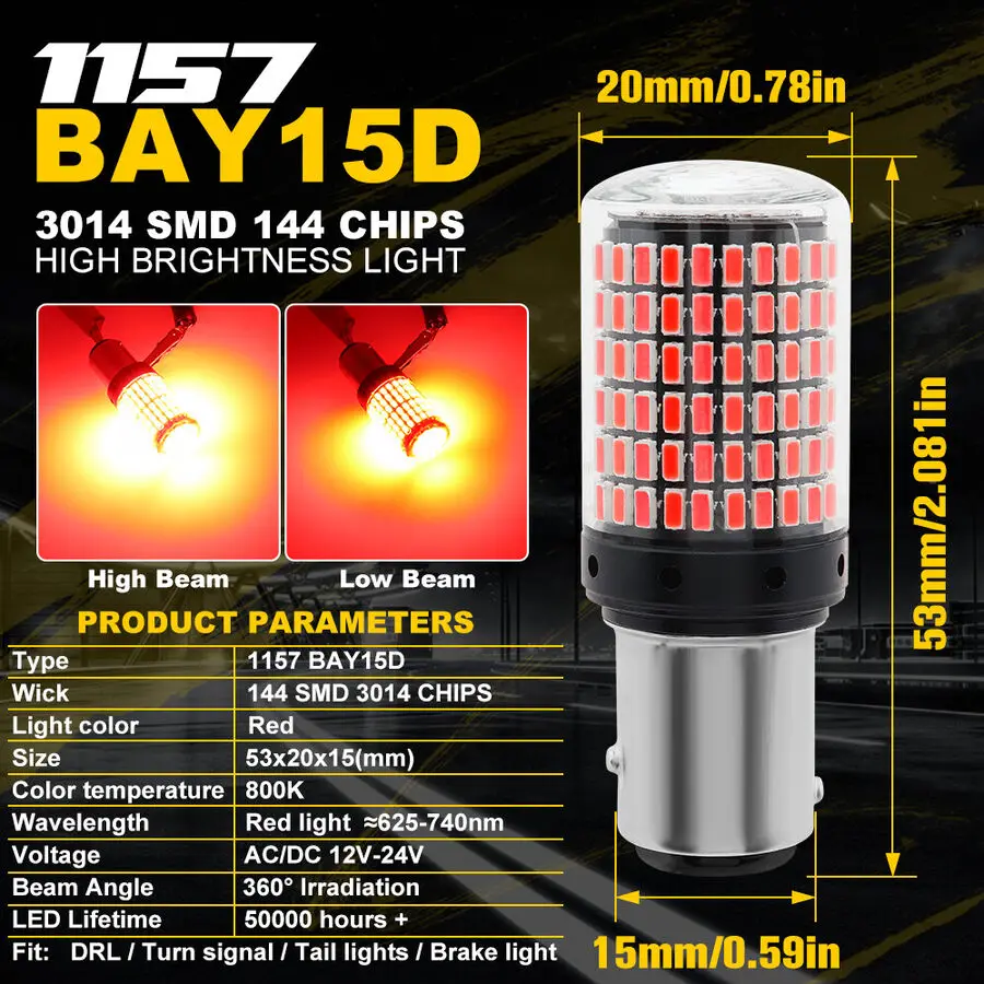 2x 1157 BAY15D LED Canbus 144 SMD Car Brake Reverse Lamp Tail Light Bulbs.