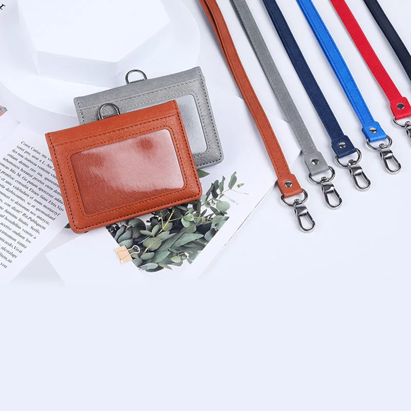 Office Luxury Multi-card Leather Man Business Credit ID Bank Card Holder Case For 5 Cards With Neck Lanyard
