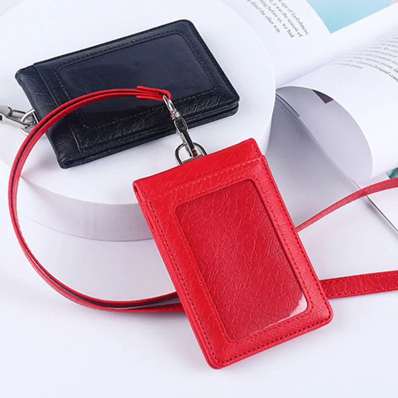 Office Luxury Multi-card Leather Man Business Credit ID Bank Card Holder Case For 5 Cards With Neck Lanyard