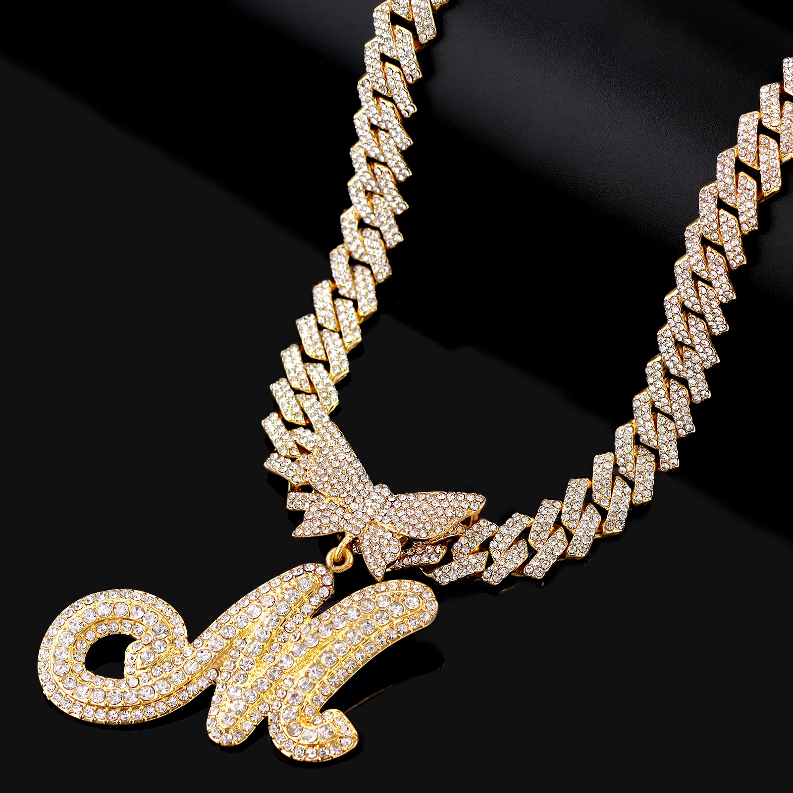 Men Women 14MM Cuban Chain Crystal Butterfly Initials Name Pendant Necklace Iced Out Cursive Letters Rapper Necklace Jewelry New