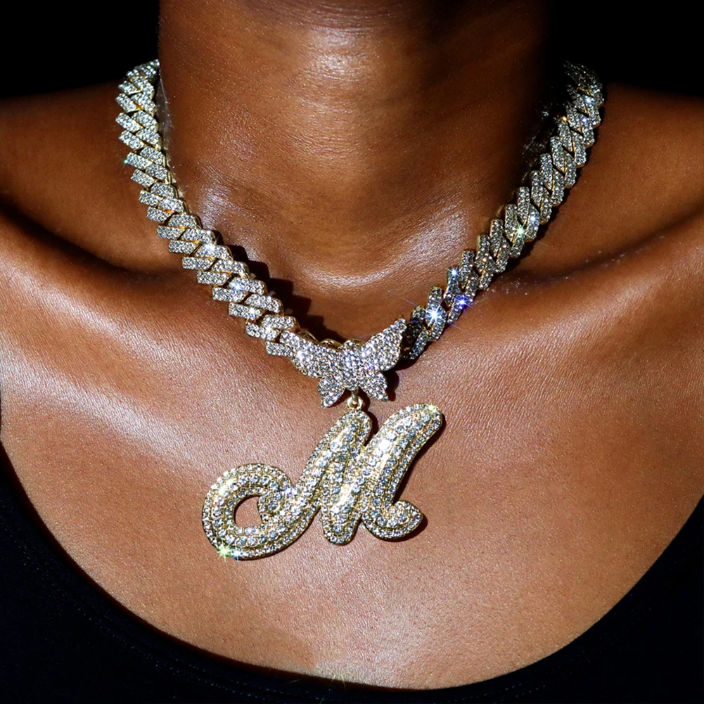 Men Women 14MM Cuban Chain Crystal Butterfly Initials Name Pendant Necklace Iced Out Cursive Letters Rapper Necklace Jewelry New