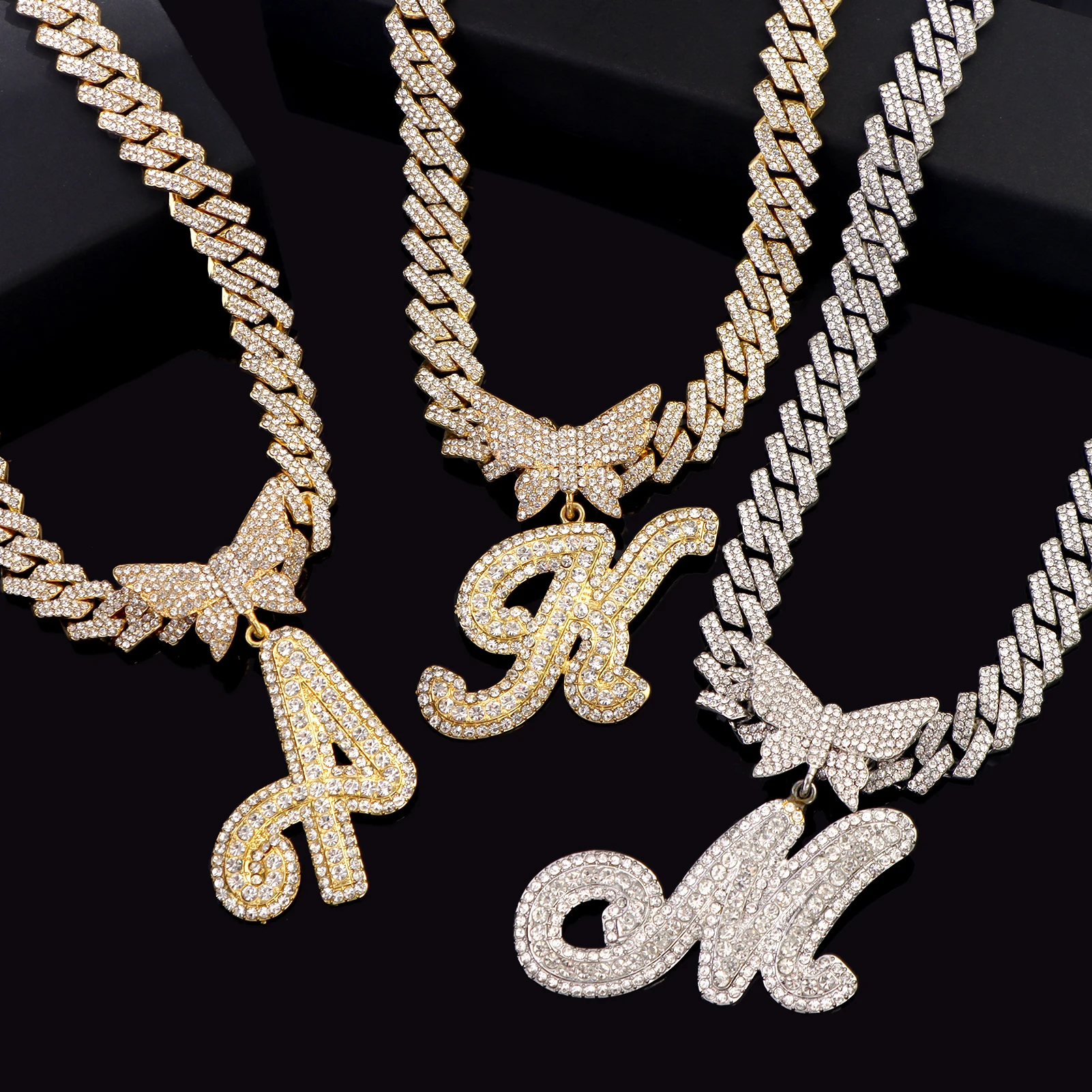 Men Women 14MM Cuban Chain Crystal Butterfly Initials Name Pendant Necklace Iced Out Cursive Letters Rapper Necklace Jewelry New