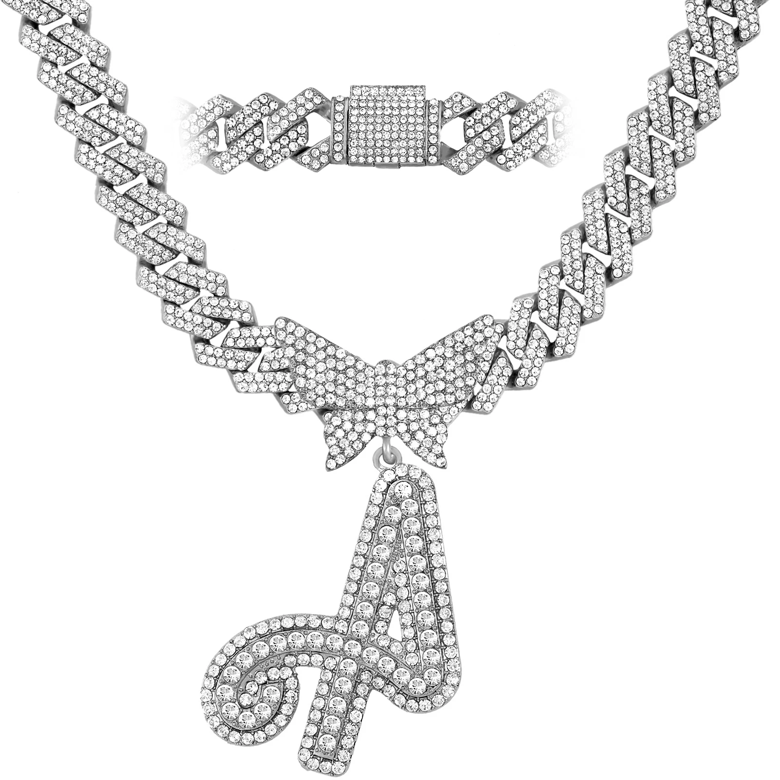 Men Women 14MM Cuban Chain Crystal Butterfly Initials Name Pendant Necklace Iced Out Cursive Letters Rapper Necklace Jewelry New