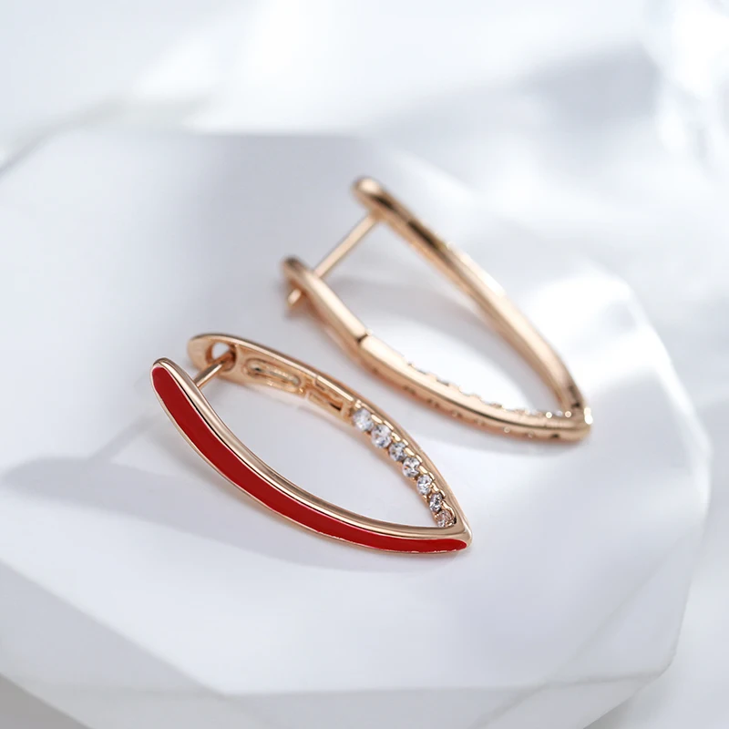Kinel New Fashion 585 Rose Gold Color Red Enamel Drop Earrings For Women Girl Wedding Party Natural Zircon Eardrop Jewelry