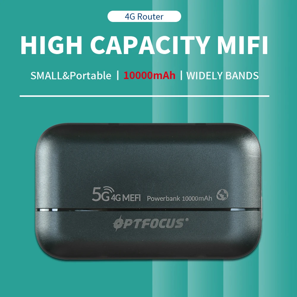OPTFOCUS 4G LTE Portable Modem Wireless Router Powerbank USB TYPEC 4G SIM Card 10000Mah MIFI Modem 4G Mini Pocket Wifi Hotspot
