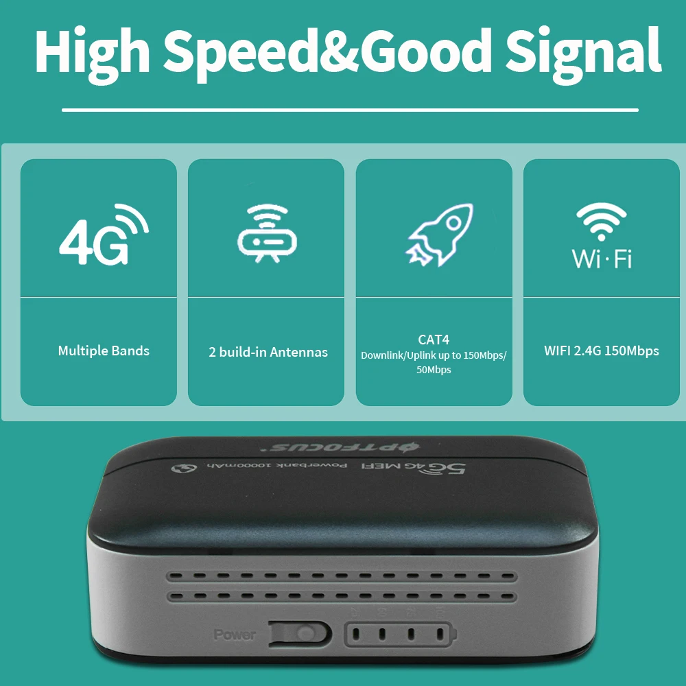 OPTFOCUS 4G LTE Portable Modem Wireless Router Powerbank USB TYPEC 4G SIM Card 10000Mah MIFI Modem 4G Mini Pocket Wifi Hotspot