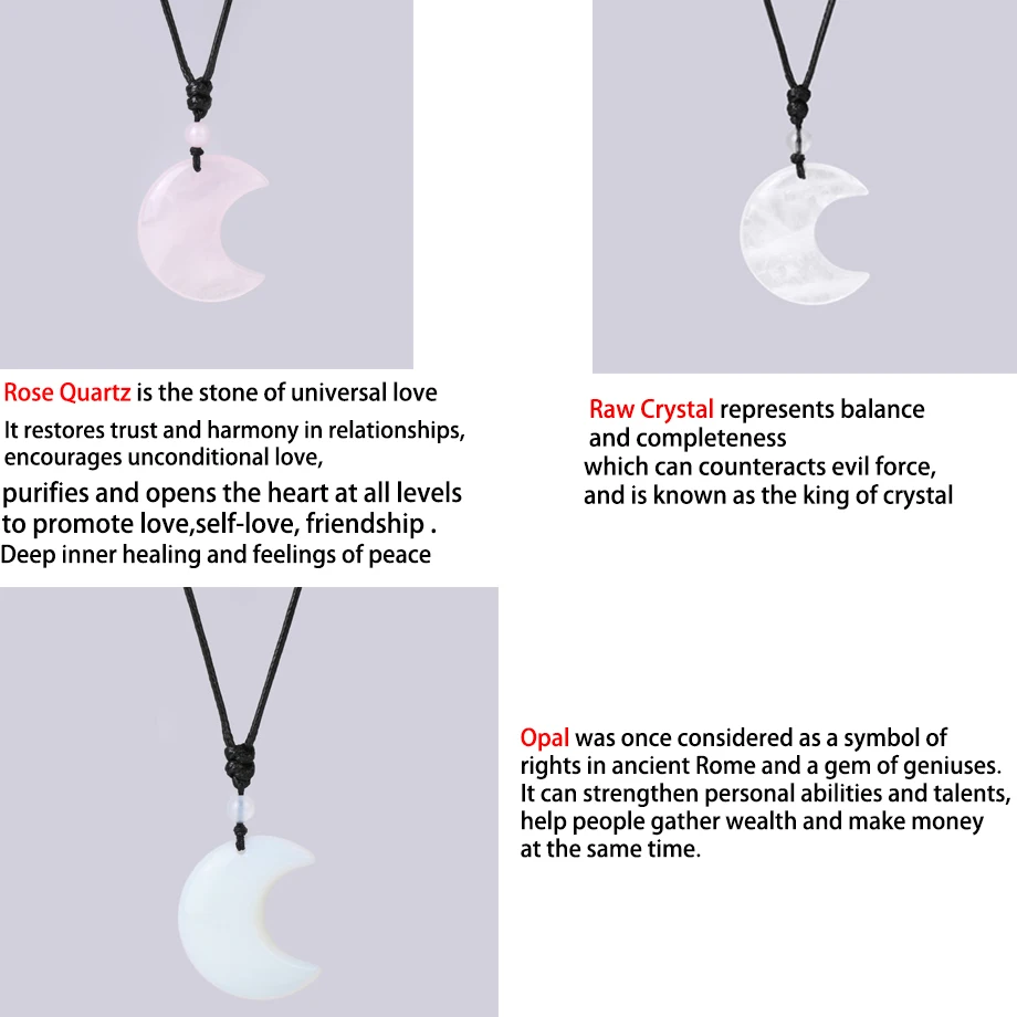 Crescent Moon Crystal Necklace Natural Gem Stone Pendant Tiger Eye Amethysts Pink Quartz Black Obsidian Opal Rope Wrap Necklace