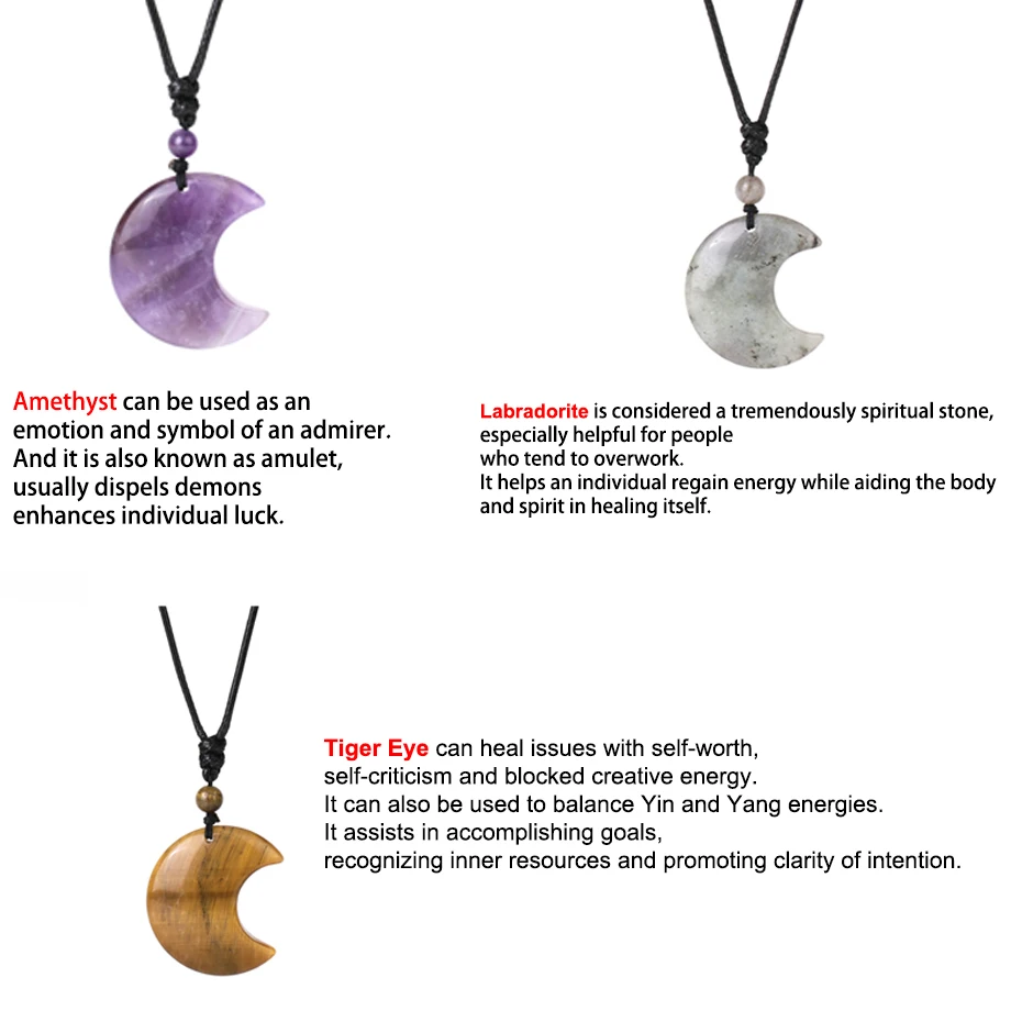 Crescent Moon Crystal Necklace Natural Gem Stone Pendant Tiger Eye Amethysts Pink Quartz Black Obsidian Opal Rope Wrap Necklace