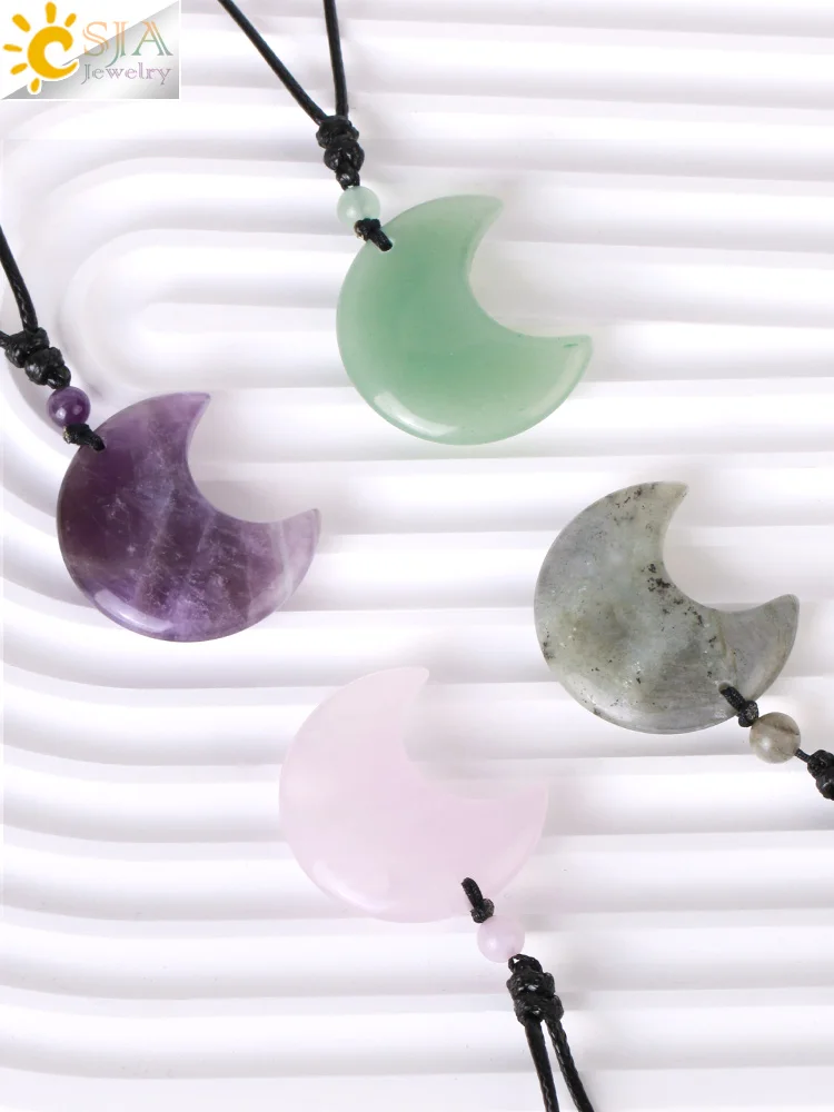 Crescent Moon Crystal Necklace Natural Gem Stone Pendant Tiger Eye Amethysts Pink Quartz Black Obsidian Opal Rope Wrap Necklace