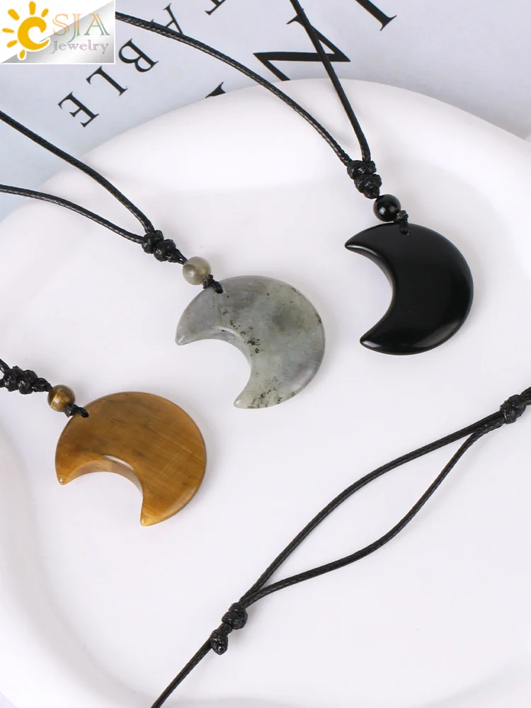 Crescent Moon Crystal Necklace Natural Gem Stone Pendant Tiger Eye Amethysts Pink Quartz Black Obsidian Opal Rope Wrap Necklace
