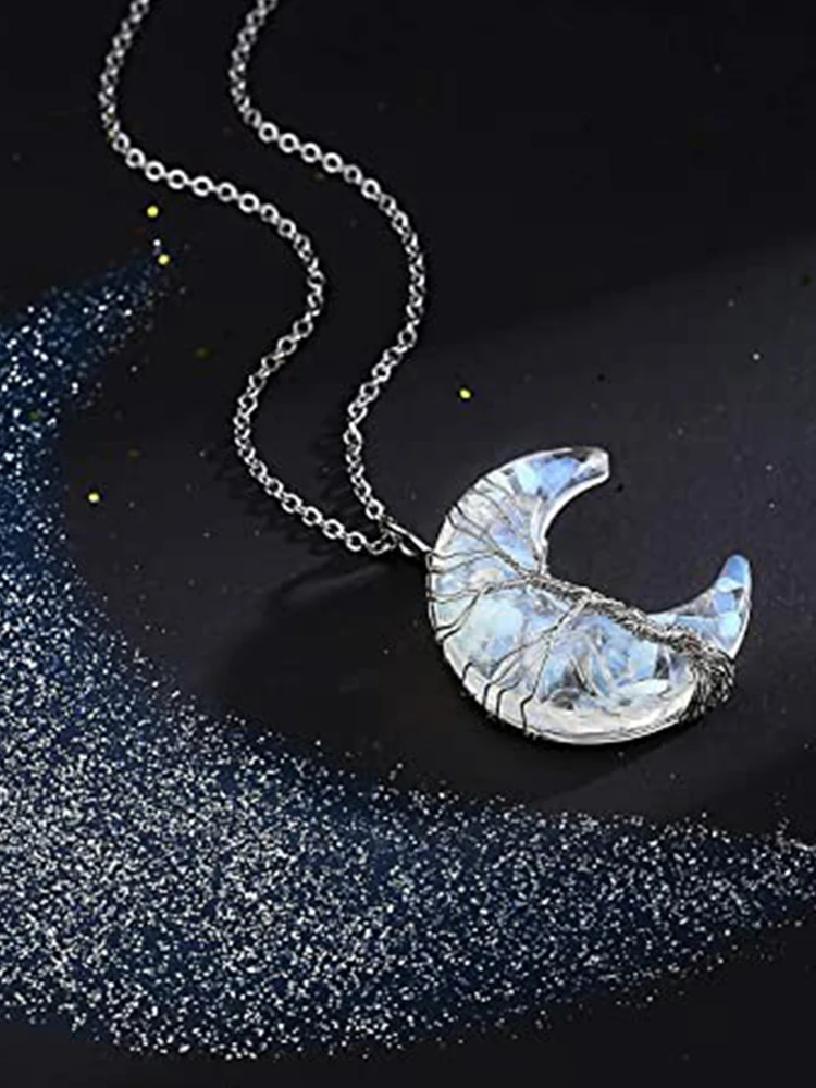 Crescent Moon Crystal Necklace Natural Gem Stone Pendant Tiger Eye Amethysts Pink Quartz Black Obsidian Opal Rope Wrap Necklace