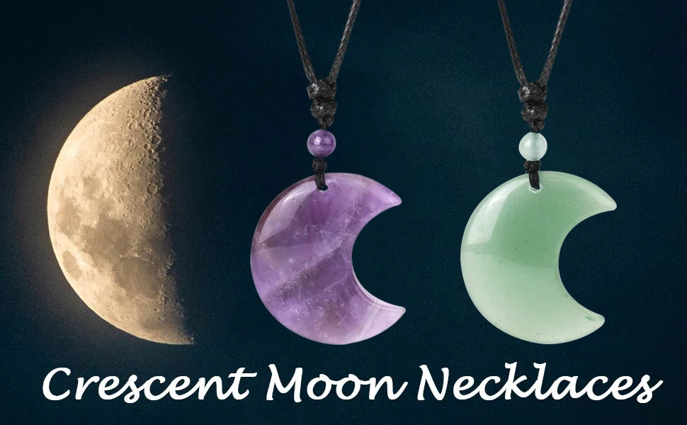 Crescent Moon Crystal Necklace Natural Gem Stone Pendant Tiger Eye Amethysts Pink Quartz Black Obsidian Opal Rope Wrap Necklace
