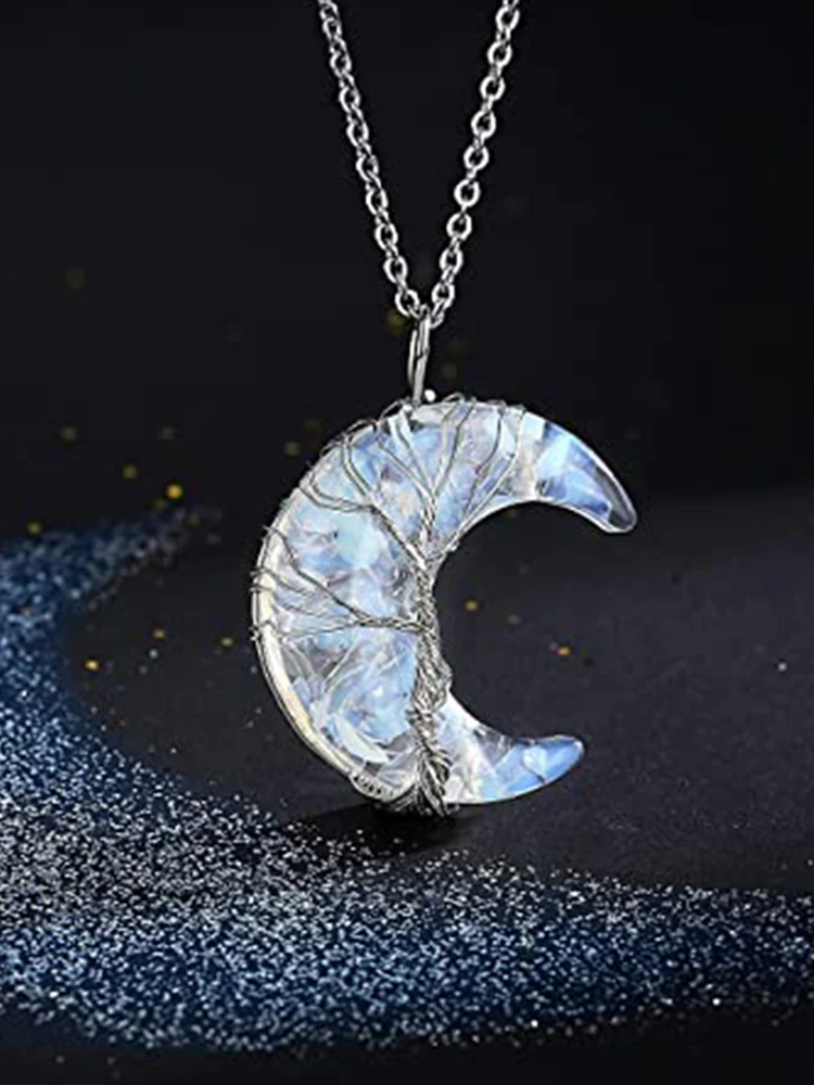 Crescent Moon Crystal Necklace Natural Gem Stone Pendant Tiger Eye Amethysts Pink Quartz Black Obsidian Opal Rope Wrap Necklace