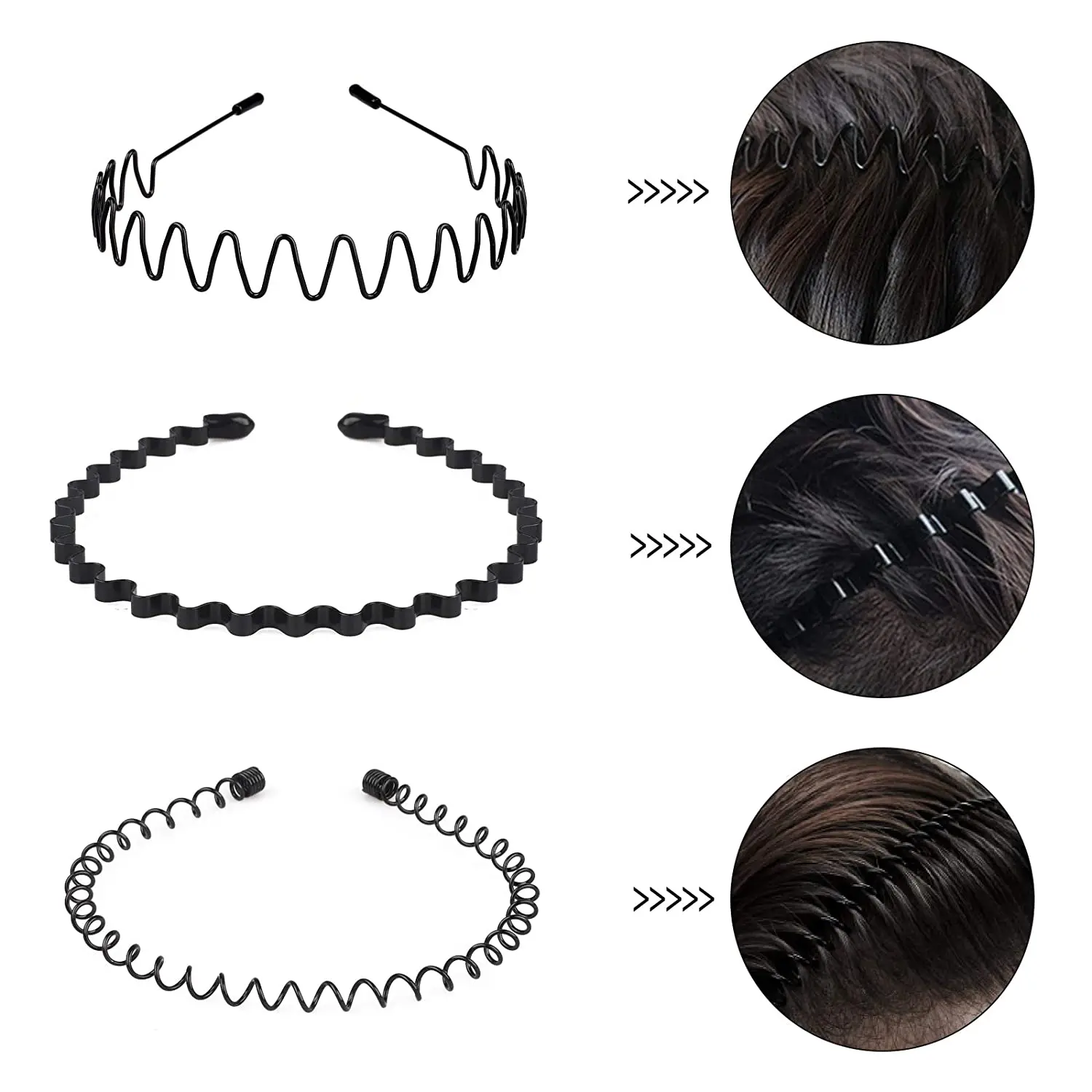 Unisex Metal Wavy Spring Hair Hoop Black Non Slip Outdoor Sports Headbands For Women Men Simple Hairband Face Washing Headdress