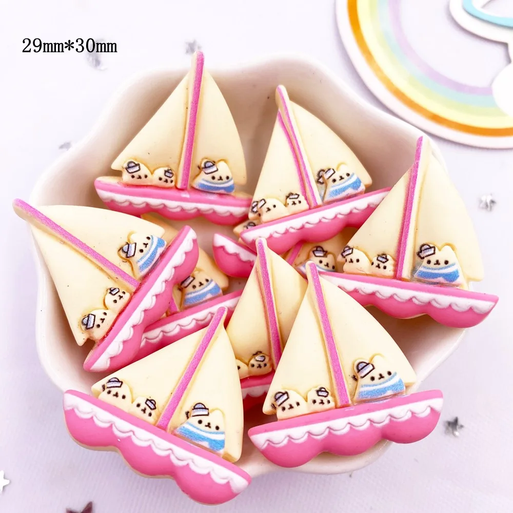 Resin Kawaii Colorful Cartoon Tower Ship Swimming Circle Cat Flatback Stone Sandy Beach Figurine 10PCS Scrapbook DIY Decor Craft
