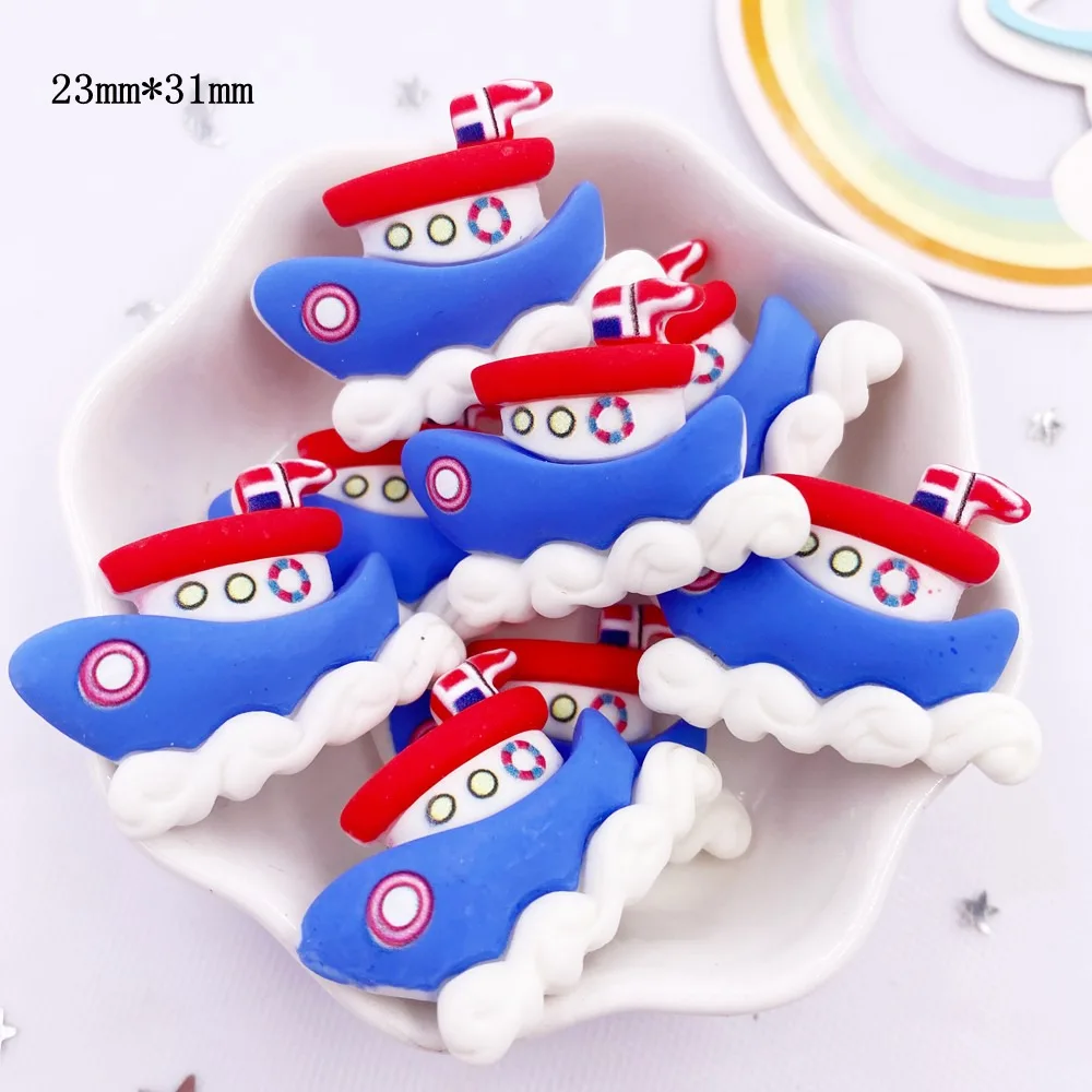Resin Kawaii Colorful Cartoon Tower Ship Swimming Circle Cat Flatback Stone Sandy Beach Figurine 10PCS Scrapbook DIY Decor Craft
