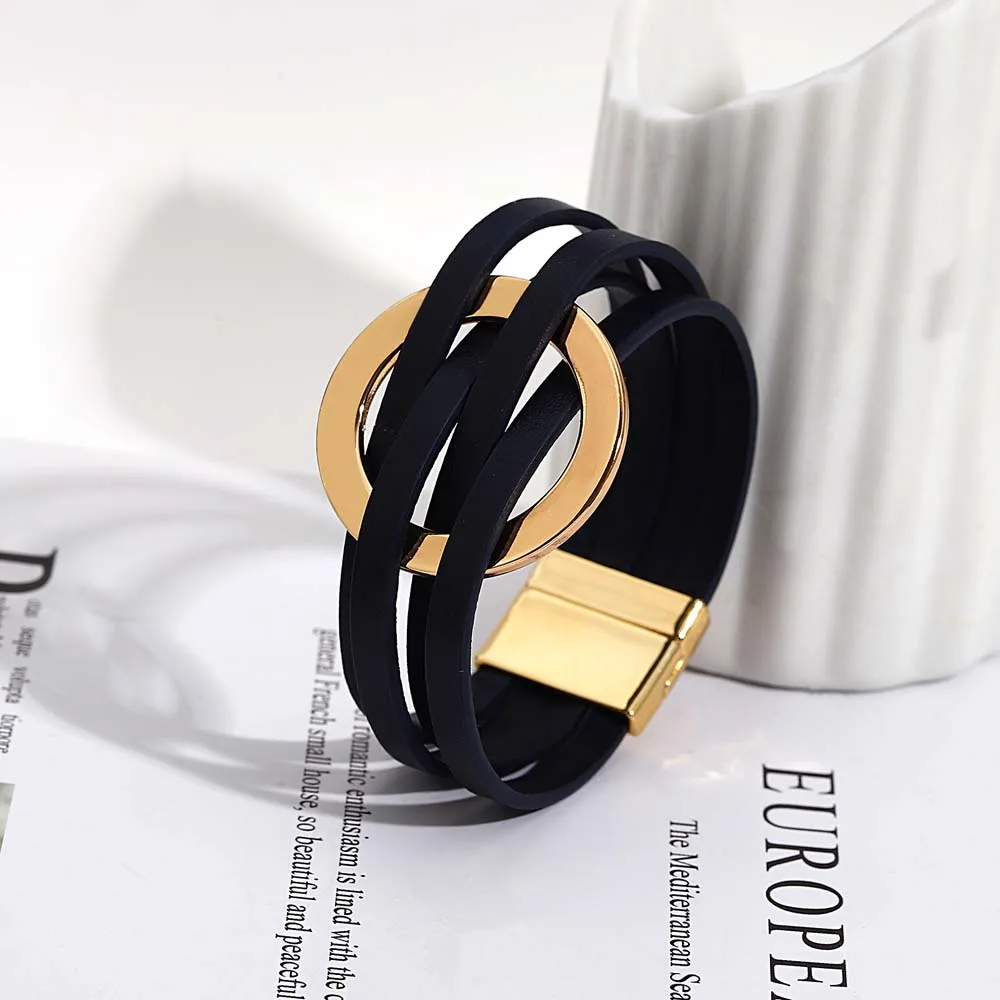 ALLYES Trend Gold Color Hollow Circle Leather Bracelets for Women Men Bohemian Simple Multilayer Wrap Bracelets Charm Jewelry
