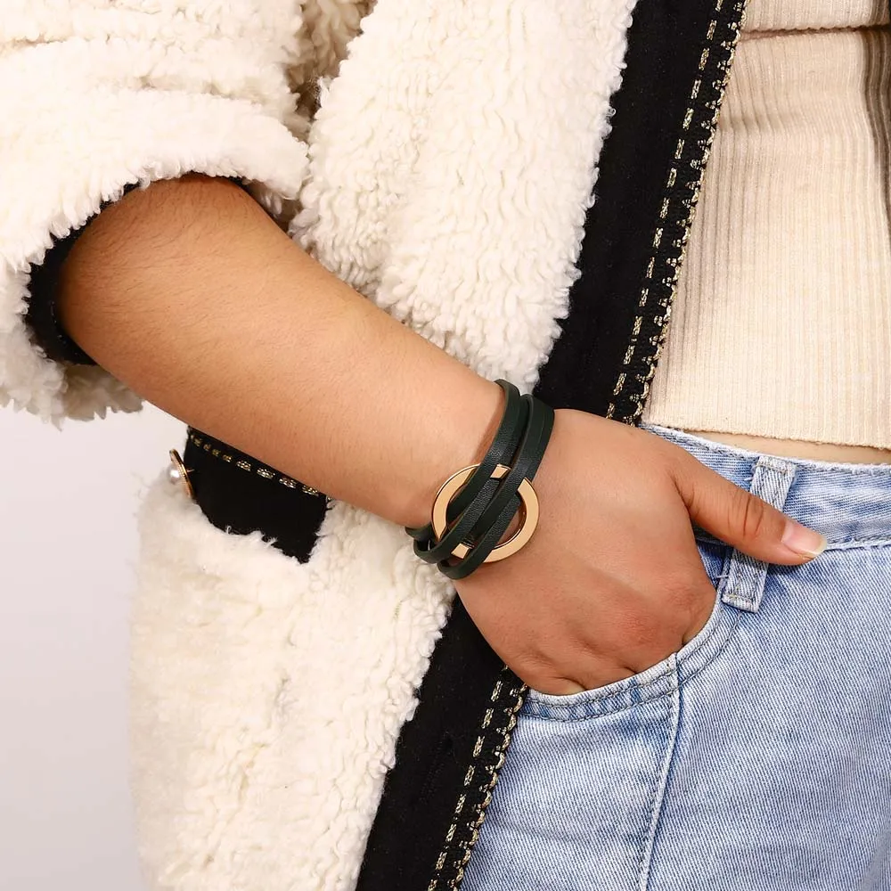 ALLYES Trend Gold Color Hollow Circle Leather Bracelets for Women Men Bohemian Simple Multilayer Wrap Bracelets Charm Jewelry