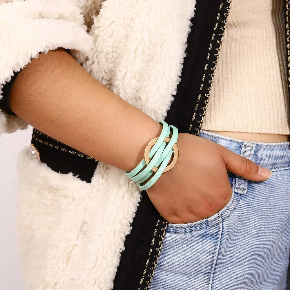 ALLYES Trend Gold Color Hollow Circle Leather Bracelets for Women Men Bohemian Simple Multilayer Wrap Bracelets Charm Jewelry