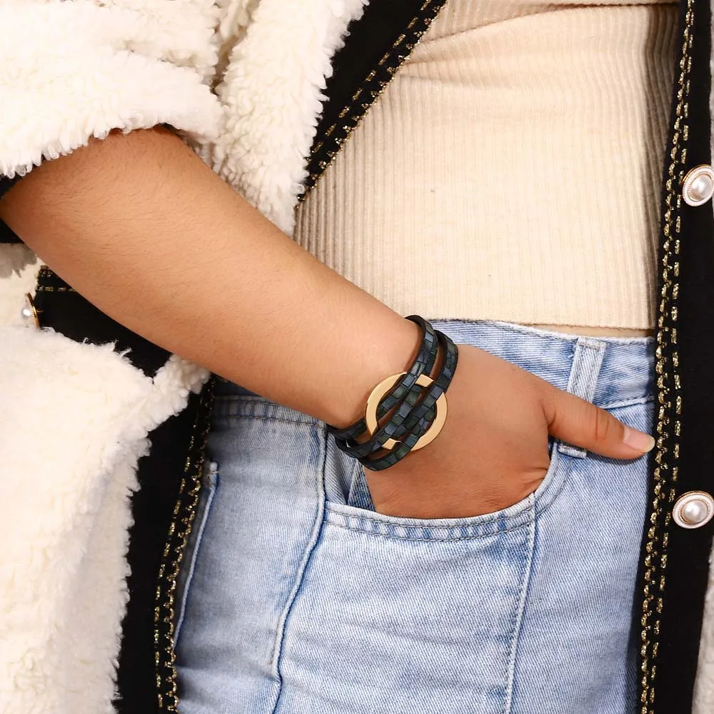 ALLYES Trend Gold Color Hollow Circle Leather Bracelets for Women Men Bohemian Simple Multilayer Wrap Bracelets Charm Jewelry