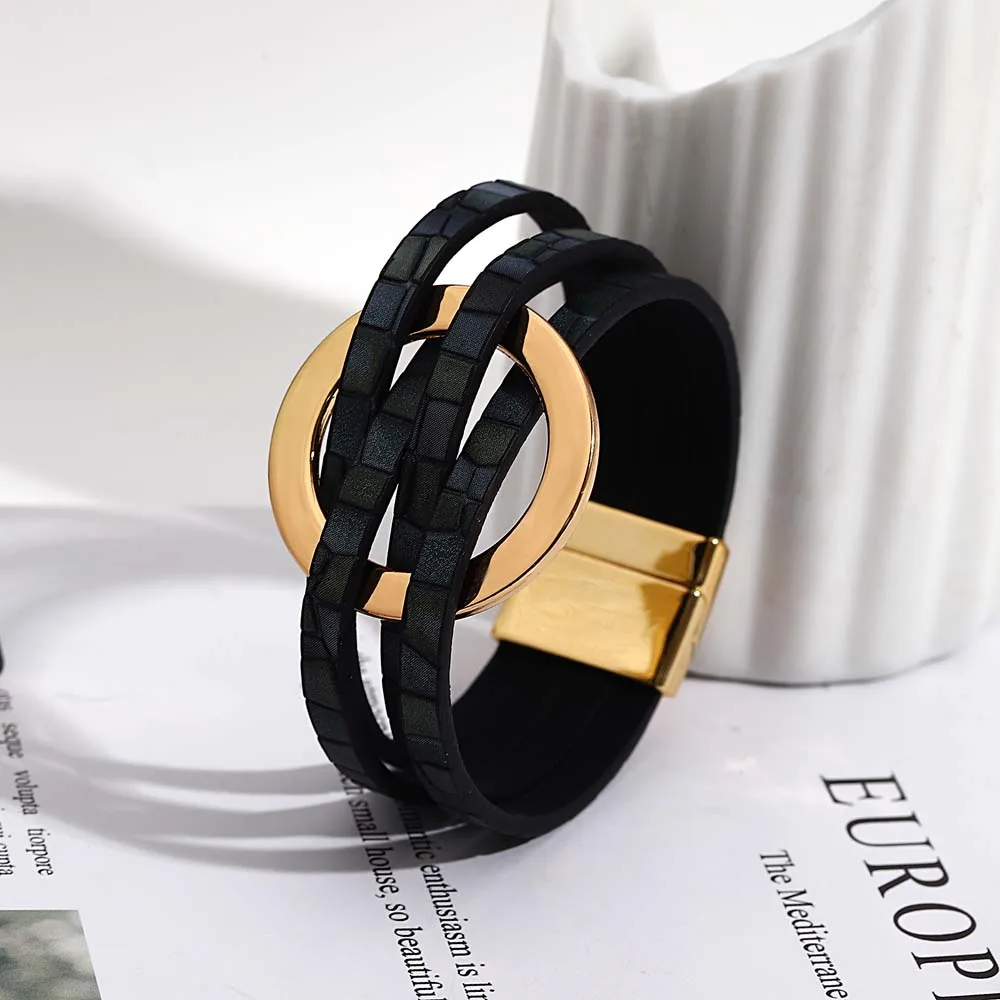 ALLYES Trend Gold Color Hollow Circle Leather Bracelets for Women Men Bohemian Simple Multilayer Wrap Bracelets Charm Jewelry