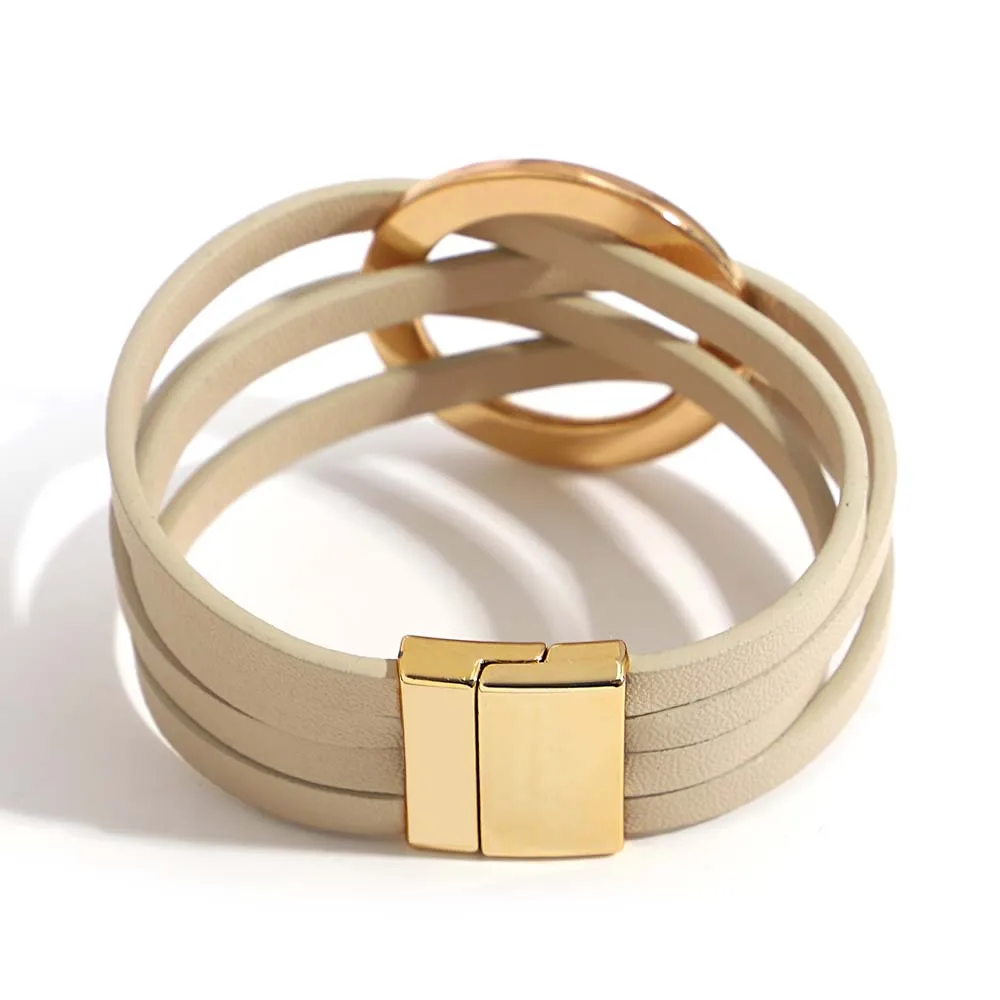 ALLYES Trend Gold Color Hollow Circle Leather Bracelets for Women Men Bohemian Simple Multilayer Wrap Bracelets Charm Jewelry