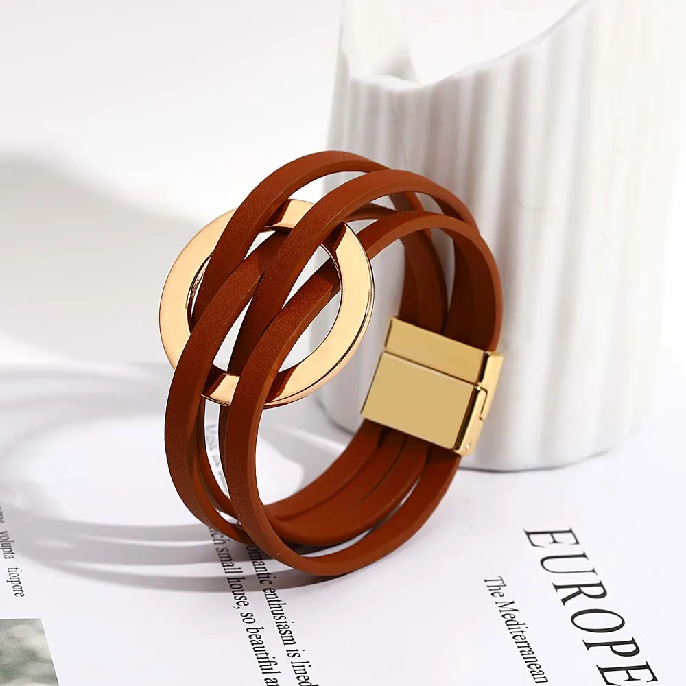 ALLYES Trend Gold Color Hollow Circle Leather Bracelets for Women Men Bohemian Simple Multilayer Wrap Bracelets Charm Jewelry