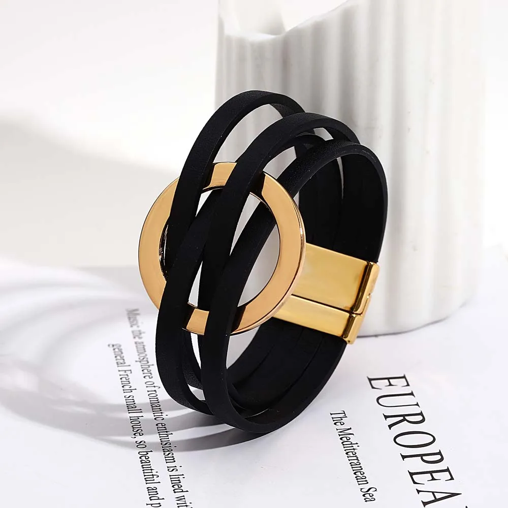 ALLYES Trend Gold Color Hollow Circle Leather Bracelets for Women Men Bohemian Simple Multilayer Wrap Bracelets Charm Jewelry