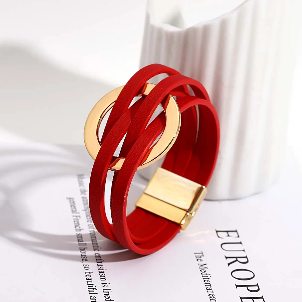 ALLYES Trend Gold Color Hollow Circle Leather Bracelets for Women Men Bohemian Simple Multilayer Wrap Bracelets Charm Jewelry