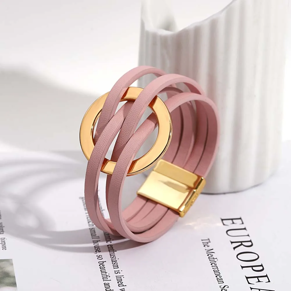 ALLYES Trend Gold Color Hollow Circle Leather Bracelets for Women Men Bohemian Simple Multilayer Wrap Bracelets Charm Jewelry