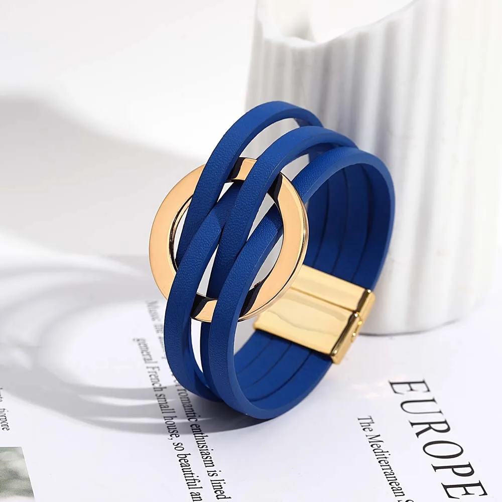 ALLYES Trend Gold Color Hollow Circle Leather Bracelets for Women Men Bohemian Simple Multilayer Wrap Bracelets Charm Jewelry