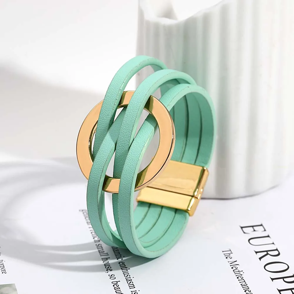 ALLYES Trend Gold Color Hollow Circle Leather Bracelets for Women Men Bohemian Simple Multilayer Wrap Bracelets Charm Jewelry