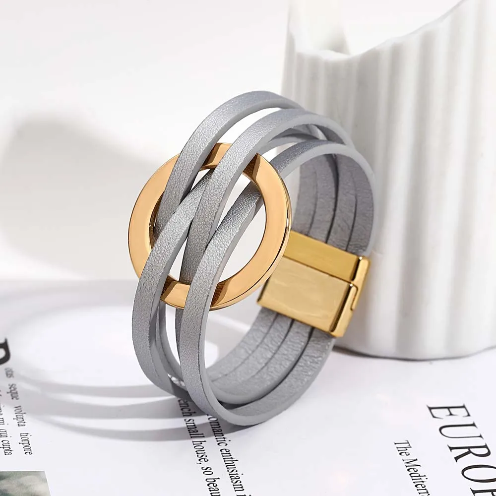 ALLYES Trend Gold Color Hollow Circle Leather Bracelets for Women Men Bohemian Simple Multilayer Wrap Bracelets Charm Jewelry