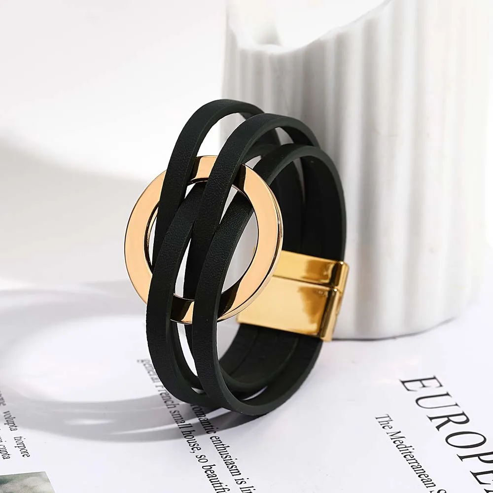 ALLYES Trend Gold Color Hollow Circle Leather Bracelets for Women Men Bohemian Simple Multilayer Wrap Bracelets Charm Jewelry