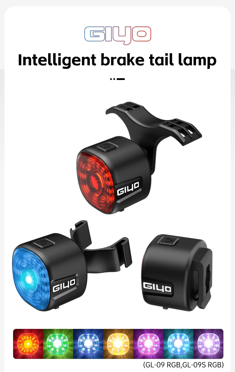 GIYO Cycling Safety Rear Light MTB 7 Colors Smart Brake Sensing IP66 Waterproof Bicycle Taillight USB Rechargeable Bike Lamp