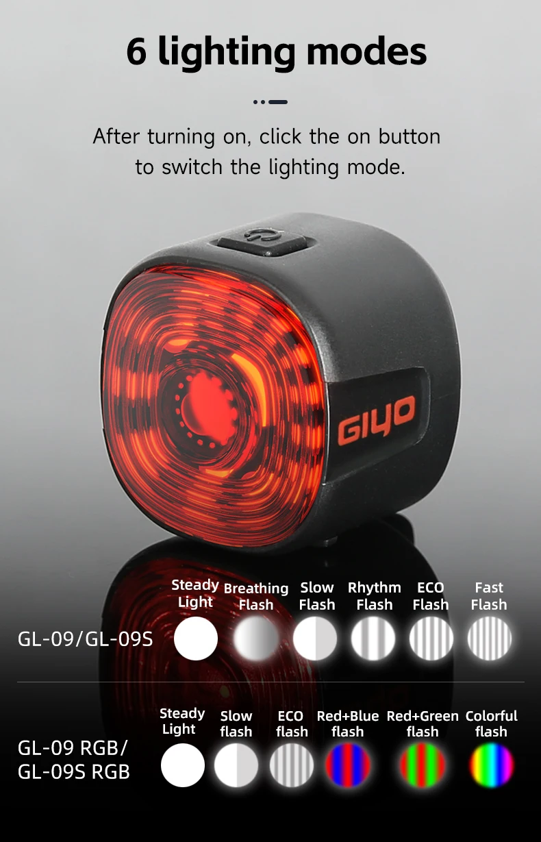 GIYO Cycling Safety Rear Light MTB 7 Colors Smart Brake Sensing IP66 Waterproof Bicycle Taillight USB Rechargeable Bike Lamp