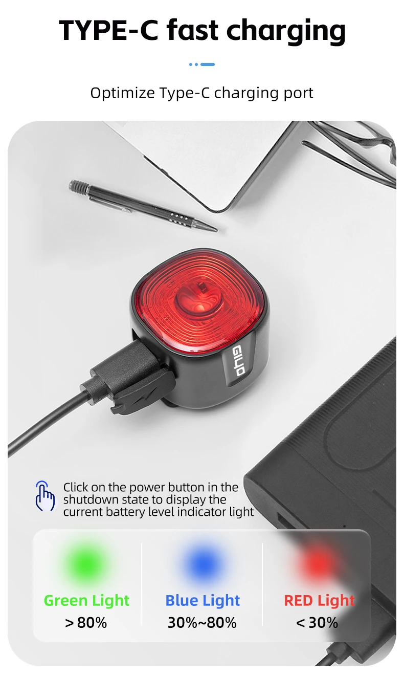 GIYO Cycling Safety Rear Light MTB 7 Colors Smart Brake Sensing IP66 Waterproof Bicycle Taillight USB Rechargeable Bike Lamp