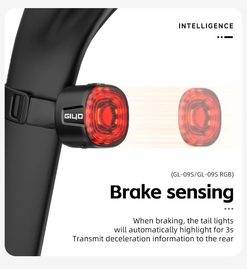 GIYO Cycling Safety Rear Light MTB 7 Colors Smart Brake Sensing IP66 Waterproof Bicycle Taillight USB Rechargeable Bike Lamp