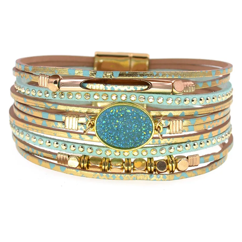 WELLMORE New Leather Bracelets for Women BOHO Charm Bracelets Gold Alloy Metal Female Jewelry Wholesale Dropshipping