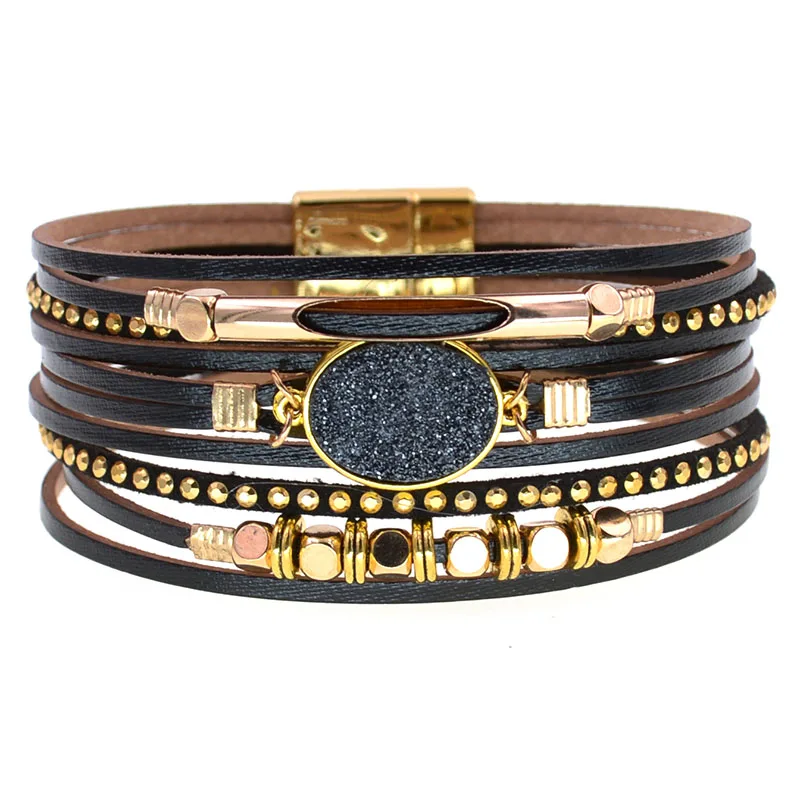 WELLMORE New Leather Bracelets for Women BOHO Charm Bracelets Gold Alloy Metal Female Jewelry Wholesale Dropshipping