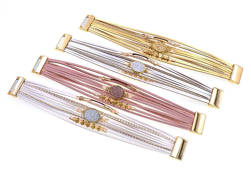 WELLMORE New Leather Bracelets for Women BOHO Charm Bracelets Gold Alloy Metal Female Jewelry Wholesale Dropshipping