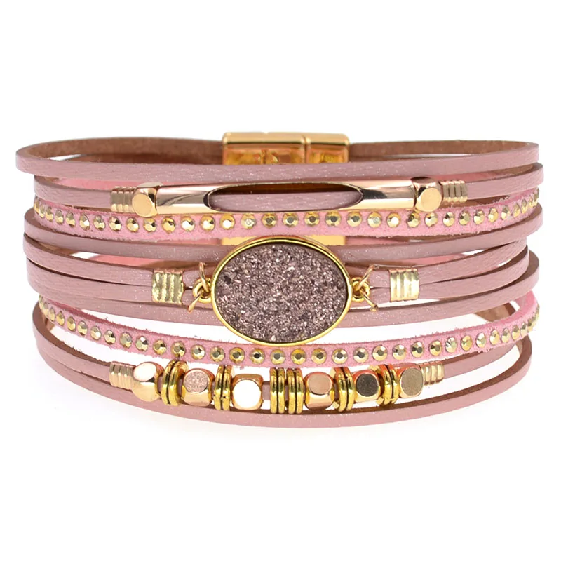 WELLMORE New Leather Bracelets for Women BOHO Charm Bracelets Gold Alloy Metal Female Jewelry Wholesale Dropshipping